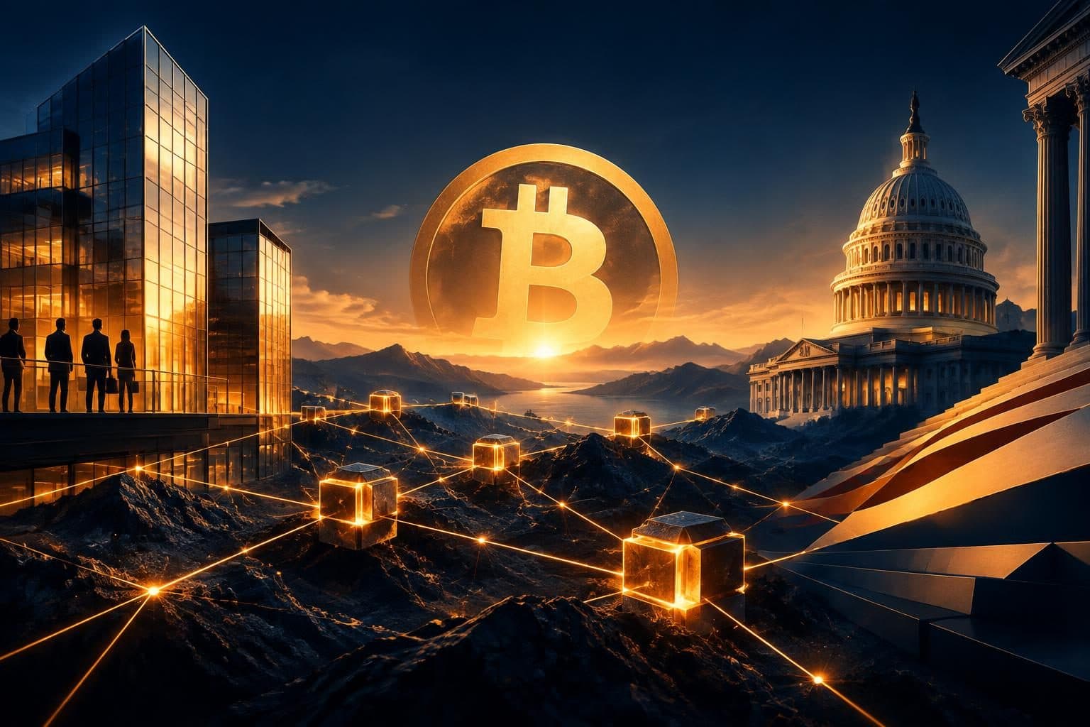 Abstract Bitcoin network artwork for Hub21's 2026-10-12 monthly briefing