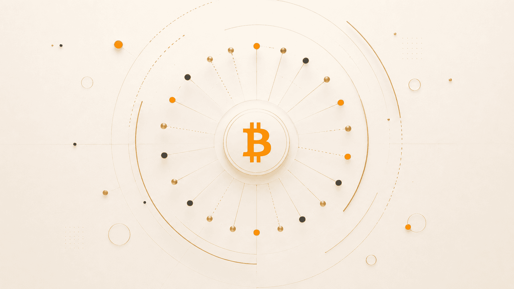Bitcoin network illustration — orange Bitcoin symbol with orbital rings and golden nodes